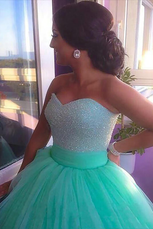 Ball Gown Sleeveless Sweetheart Tulle Brush Train Beading Plus Size Prom Dress N2214