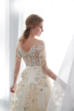 A Line 3/4 Sleeves Floor Length Floral Prom Dresses Long Evening Gowns N2277