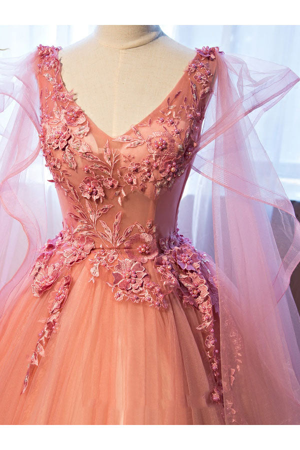 Ball Gown V-Neck Appliques Beading Floor-Length Quinceanera Ball Gown Tulle Prom Dress N1224