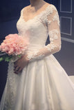 Elegant A Line V-Neck Appliques Long Sleeves Wedding Dresses With Chapel Train N1227