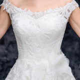 A Line Off the Shoulder Tulle Wedding Dresses with Lace Appliques Long Bridal Dresses N2293