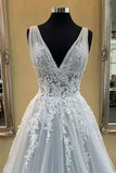 Puffy V-Neck Sleeveless Tulle Wedding Dresses Appliques Long Bridal Dresses N2275