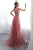 Beading V-Neck Pink High Split Tulle Sweep Train Sleeveless Evening Gown with Sequins N2278