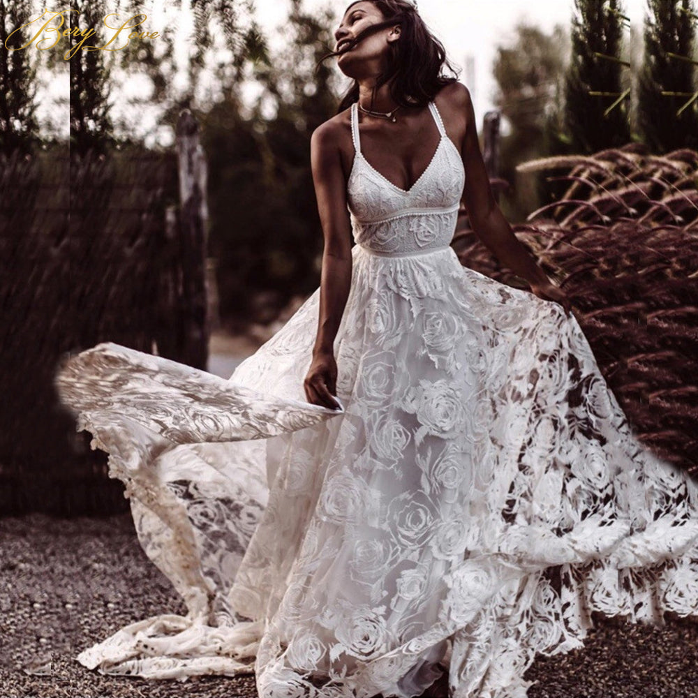 Straps Long Lace Wedding Dresses Charming Lace Beach Wedding Dresses N2274