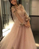 Unique Long Sleeves Tulle Prom Dresses with Flowers Charming Formal Dresses with Flowers N2612