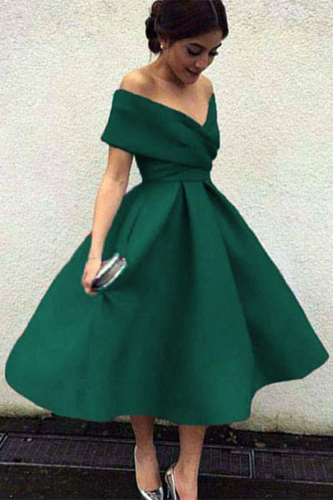 Green Off the Shoulder Tea Length Satin Cute Homecoming Dresses ...