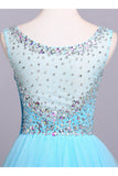 Blue Scoop Sleeveless Tulle Prom Dresses with Sequins Floor Length Puffy Evening Dresses N1196