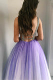 Ombre Deep V Neck Tulle Prom Dresses Gradient Purple Long Tulle Party Dresses N1180