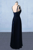 Dark Navy Blue Straps Floor Length Evening Dresses Long Chiffon Prom Dresses with Lace N2292