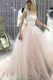 Pale Pink Court Train Wedding Dresses with Lace Appliques Sleeveless Bridal Dresses N1129