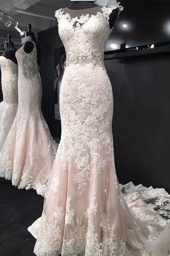 Elegant Sleeveless Mermaid Bridal Dress, Lace Wedding Dress with Train