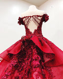 Pretty Off The Shoulder Ball Gown Floral Appliques Beaded Prom Dresses