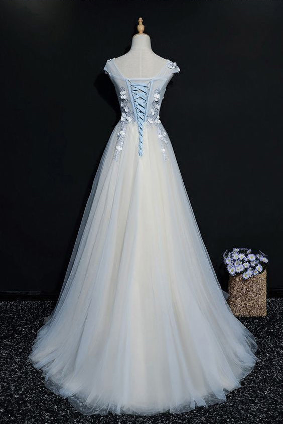 A Line Cap Sleeves Tulle Flower Appliqued Floor Length Prom Dress N1174