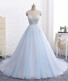 Elegant V-Neck Sleeveless Ball Gown Lace Appliqued Tulle Light Blue Wedding Dresses