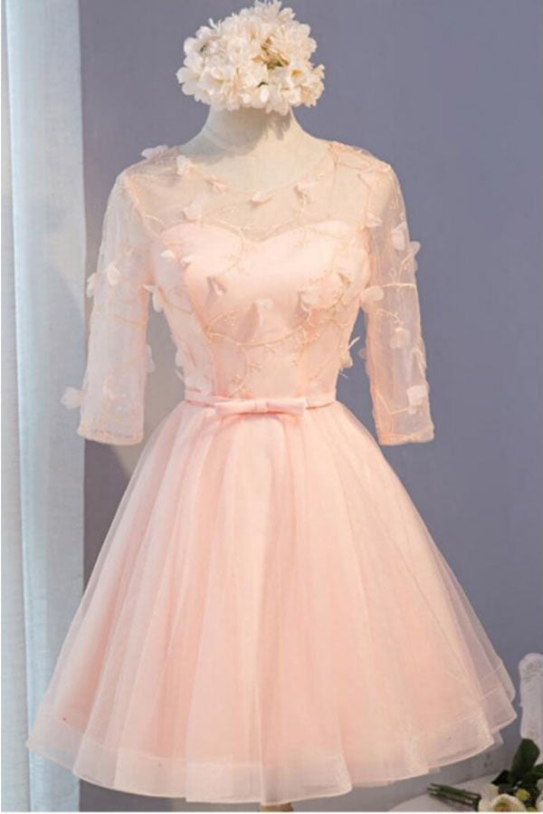 A Line Half Sleeves Knee Length Tulle Prom Dress with Flowers, Short Prom Dresses