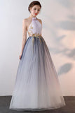 A-line Halter Tulle Prom Dresses With Applique, Ombre Sexy Backless Formal Dresses 