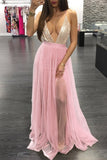 Spaghetti Strap V-Neck Backless Tulle Prom Dresses with Sequins