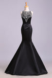Black Mermaid Sleeveless Beaded Satin Prom Dress, Long Evening Dresses