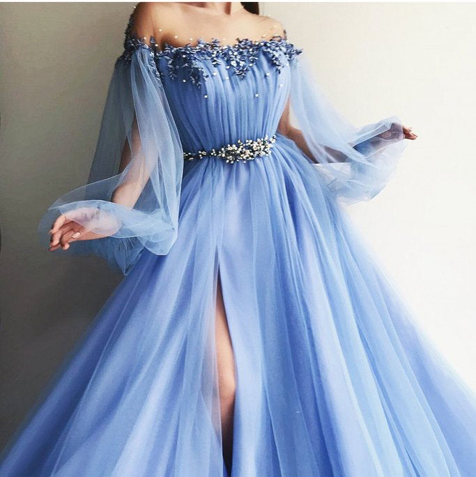 Blue Long Sleeves Off the Shoulder Beaded Crystal Split Prom Dresses N1277