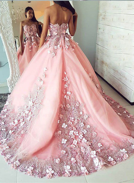 Puffy Sweetheart Tulle Prom Dresses with Flowers Princess Sweep Train Appliqued Party Dresses N1284