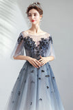 Floor Length Half Sleeves Tulle Long Ombre Prom Dresses with Appliques N2318