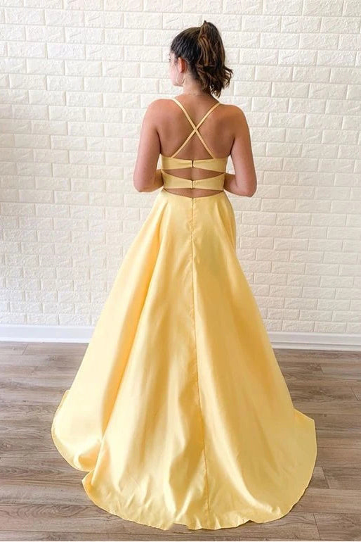 Yellow Sleeveless Split Long Prom Dresses Floor Length Evening Dresses N2630