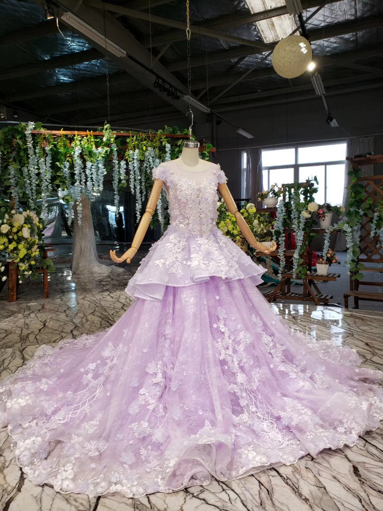 Lilac Ball Gown Short Sleeve Prom Dresses with Flowers Gorgeous Quinceanera Dresses N2626
