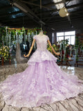 Lilac Ball Gown Short Sleeve Prom Dresses with Flowers Gorgeous Quinceanera Dresses N2626