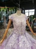 Lilac Ball Gown Short Sleeve Prom Dresses with Flowers Gorgeous Quinceanera Dresses N2626