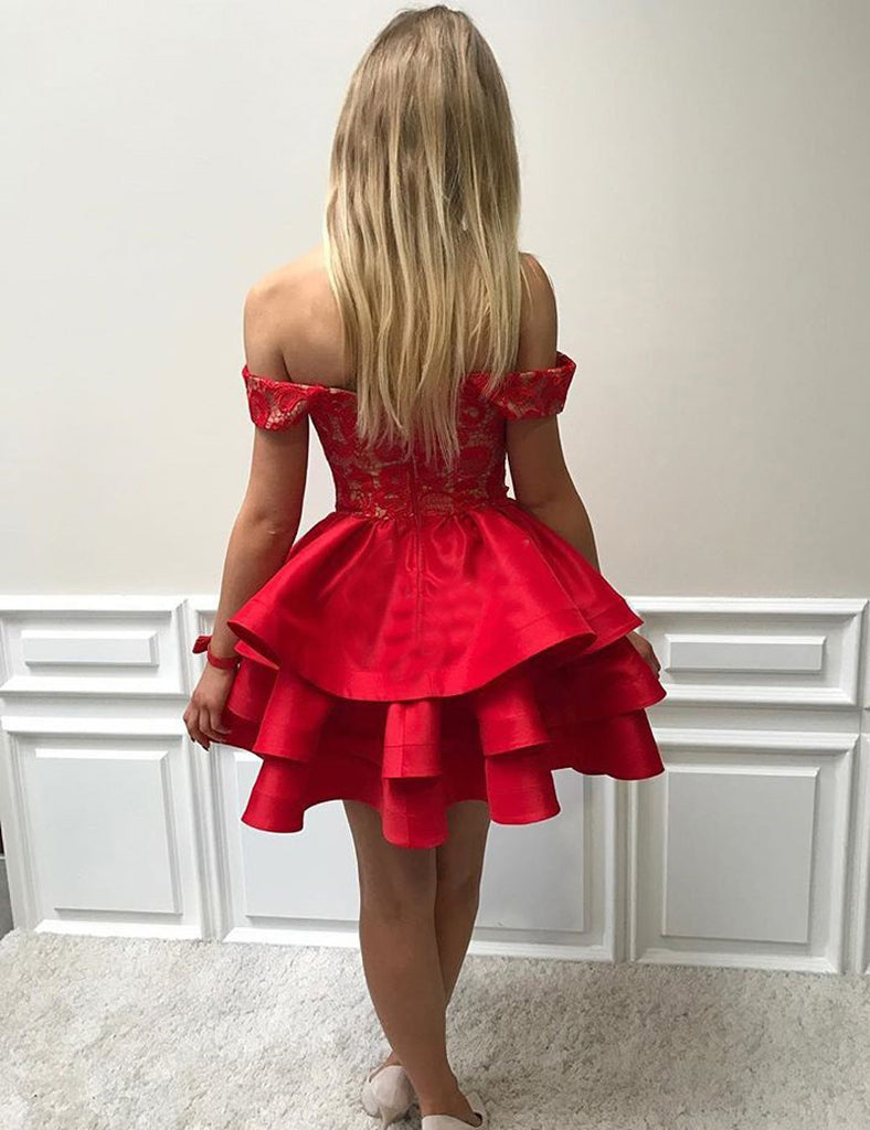 Sexy A Line Off-The-Shoulder Red Tiered Homecoming Dresses With Lace