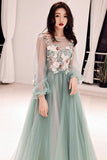 Charming A Line Long Sleeves Tulle Prom Dresses with Flowers N1758