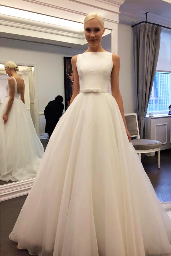 Elegant Ivory Bateau Backless Sleeveless A-line Tulle Wedding Dress with Belt,N342