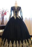 Black Ball Gown Long Sleeves Party Dress Princess Tulle Prom Dress with Lace Appliques N1192