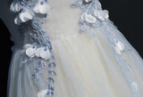 A Line Cap Sleeves Tulle Flower Appliqued Floor Length Prom Dress N1174