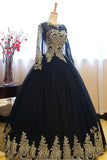 Black Ball Gown Long Sleeves Party Dress Princess Tulle Prom Dress with Lace Appliques N1192