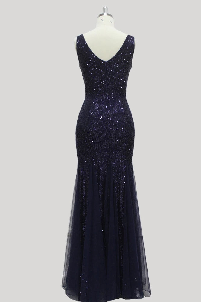 Sexy Burgundy Tulle V-Neck Mermaid Sequin Floor Length Prom Dresses XU90813