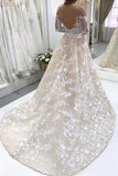 Off The Shoulder Champagne Long Sleeves Lace Appliques Wedding Dresses