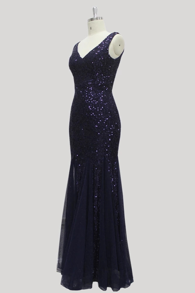 Sexy Burgundy Tulle V-Neck Mermaid Sequin Floor Length Prom Dresses XU90813