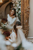 A Line Ivory Sweep Train Tulle Long Sleeves Long Beach Wedding Dresses with Ruffles N2211