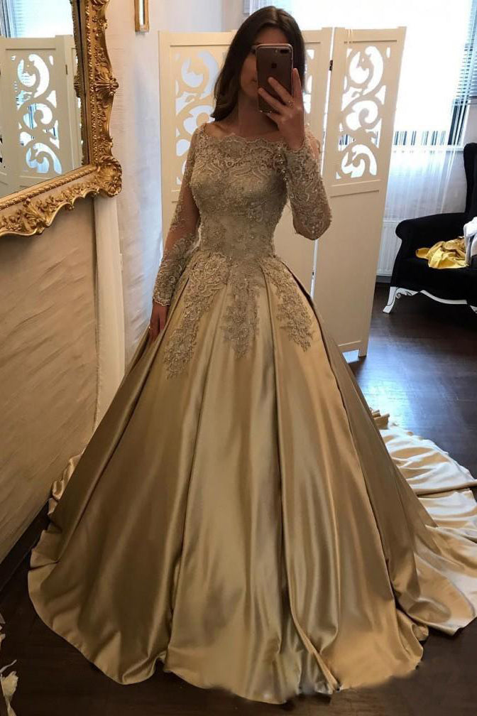 Chic Gold Off Shoulder Long Sleeve Ball Gown Appliques Satin Prom Dresses N1329