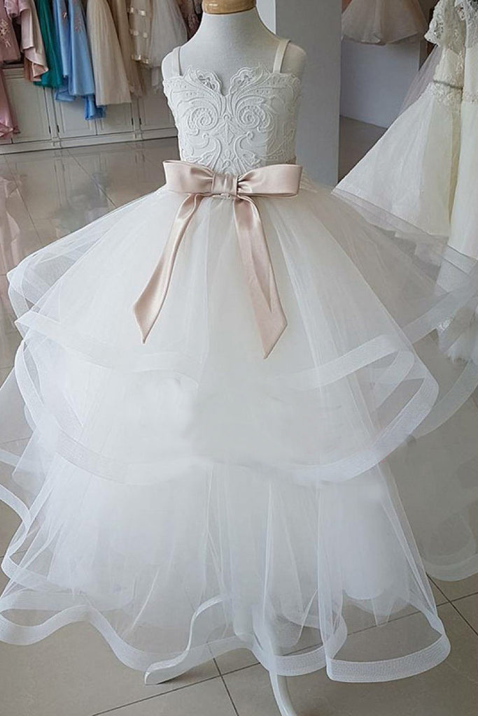 Straps Ivory Long Flower Girl Dress with Bow, Cute Flower Girl Dresses with Belt F046