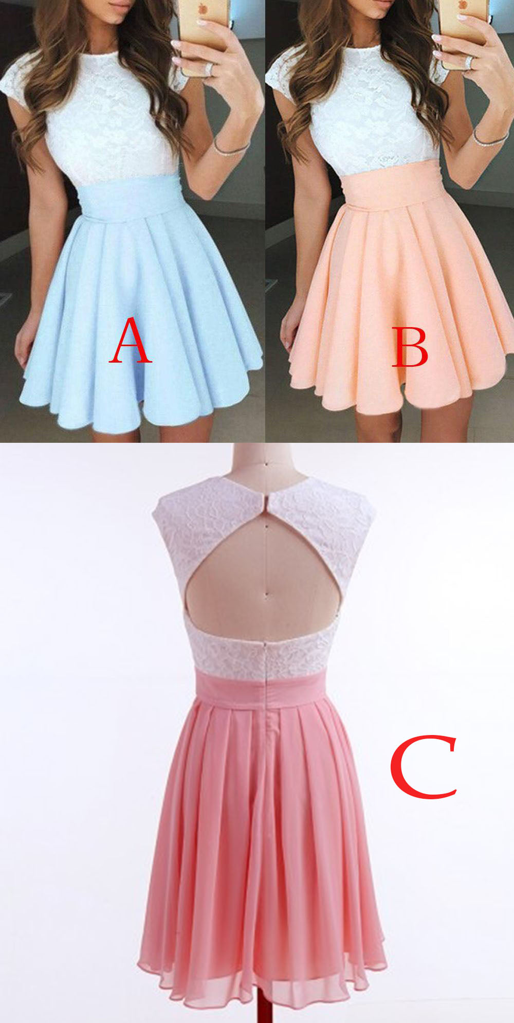 Pale Blue A Line Cap Sleeves Short Chiffon Homecoming Dresses with Lace
