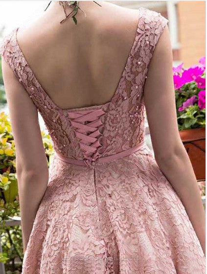 Pink Lace Appliqued Tea Length Homecoming Dresses