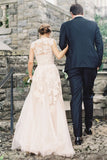 Elegant V-neck Sleeveless Cap Sleeves Floor-Length Wedding Dresses with Lace Appliques N2499