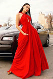 Stylish Red Halter Long Prom Dress, Floor Length Sleeveless Evening Dresses N2619
