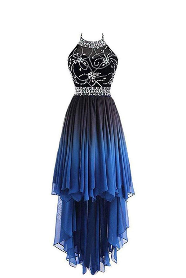 High Low Halter Sleeveless Chiffon Ombre Prom Dress, Beading Ombre Bridesmaid Dress N1353