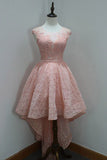 High Low Round Neck Sleeveless Lace Homecoming Dress, A Line Lace Party Dress