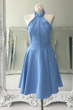 A Line High Neck Sleeveless Knee Length Homecoming Dress, Blue Prom Gown