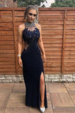 Floor Length Sheath High Neck Evening Dress with Side Slit, Appliques Prom Gown N1434