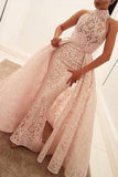 Unique Mermaid High Neck Sleeveless Sweep Train Pearl Pink Lace Prom Dresses N832